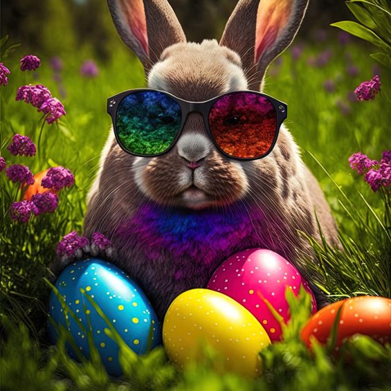 Osterhase mit Sonnenbrille sitzt in einer Blumenwiese, Generativ